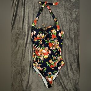 Ladies size medium maternity swimsuit navy blue and floral